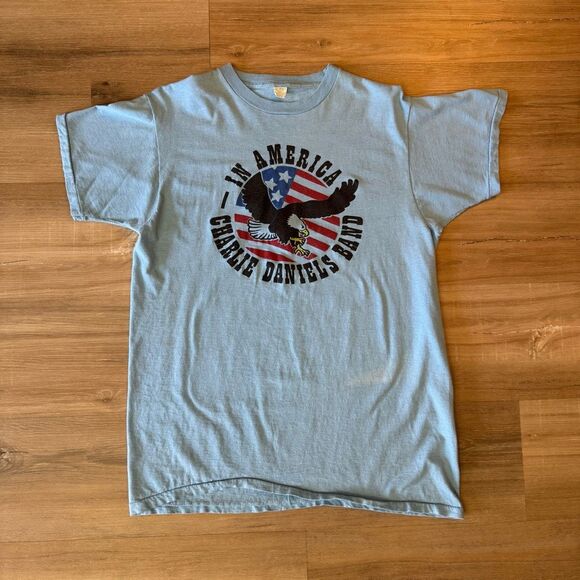 Vintage 1970’s Charlie Daniels Band Single Stitch Blue Shirt Size Large Country - Picture 1 of 8